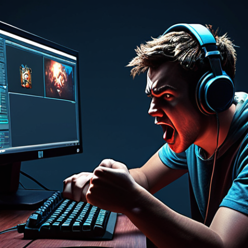 Home 17 **Prompt:** A frustrated gamer slamming their fist on the desk, illuminated by the "attempting to reconnect" message on their monitor. Dark, moody lighting. Focus on the gamer's expression of annoyance. Include gaming peripherals like a headset and keyboard. Style: Digital painting, dramatic.