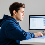A professional young adult, fully clothed in a modest, dark blue hoodie and comfortable professional attire, seated naturally at a modern, well-lit desk in a clean home office. The individual is thoughtfully engaged, perhaps reviewing strategy notes or looking at a computer screen (screen content not visible). The setting is minimalist and functional, emphasizing focus and learning. Perfect anatomy, correct proportions, well-formed hands, proper finger count, natural body proportions. Professional photography, high quality, studio lighting, safe for work, appropriate content, family-friendly.