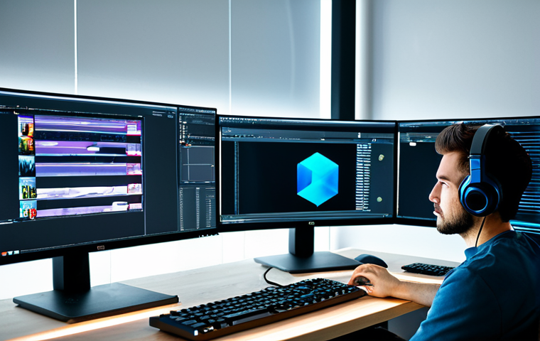 ** "A professional video editor working at a desk with multiple monitors displaying Eternal Return gameplay footage, fully clothed, appropriate attire, headphones on, concentrating, modern office environment, safe for work, perfect anatomy, natural proportions, professional studio lighting, high quality, family-friendly, focused on the creative process." **