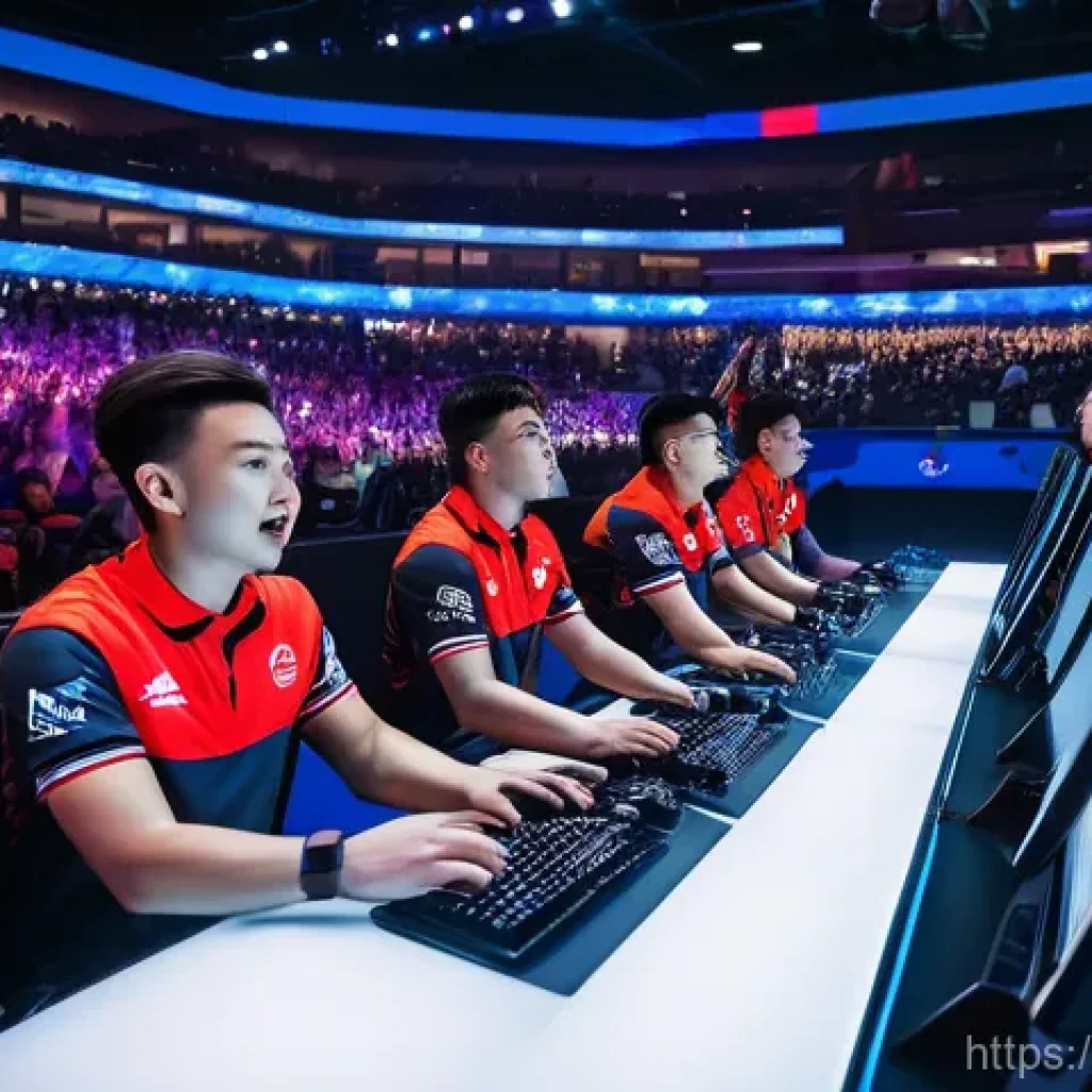 이터널리턴 글로벌 경쟁의 미래 - **"The Shifting Sands of Regional Power" Clash:** A high-energy, futuristic esports arena scene. Two...