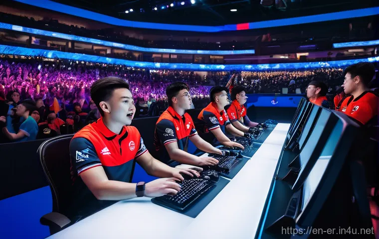 이터널리턴 글로벌 경쟁의 미래 - **"The Shifting Sands of Regional Power" Clash:** A high-energy, futuristic esports arena scene. Two...