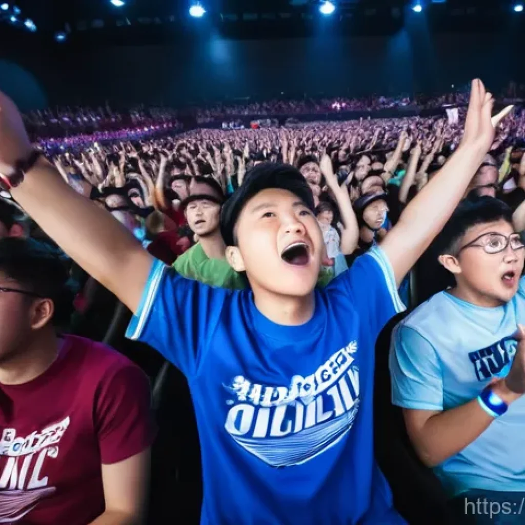 이터널리턴 오프라인 대회 개최 - **A wide-angle, cinematic shot inside a packed esports arena during an "Eternal Return" tournament. ...