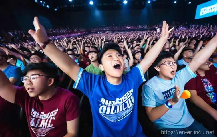 이터널리턴 오프라인 대회 개최 - **A wide-angle, cinematic shot inside a packed esports arena during an "Eternal Return" tournament. ...