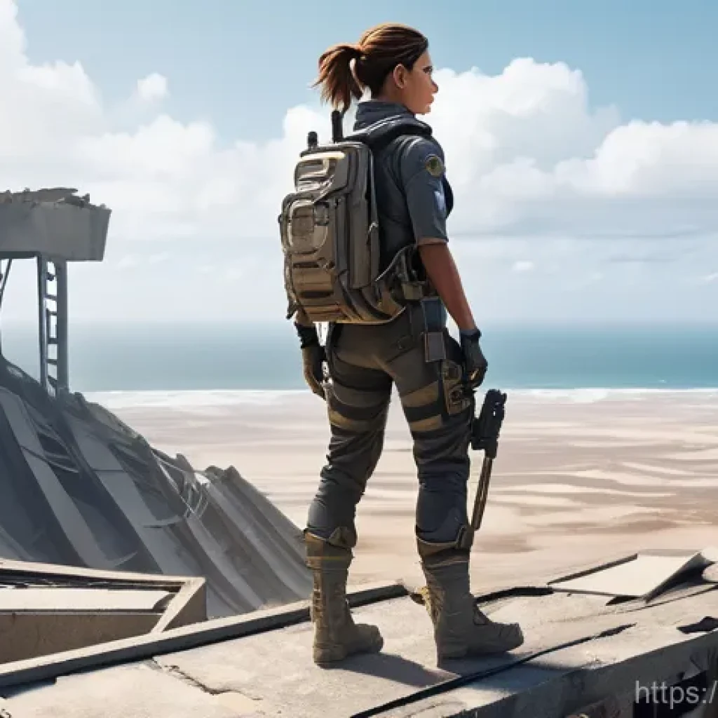 이터널리턴 신규 맵 정보 - "A lone female explorer, fully clothed in durable, futuristic tactical gear suitable for urban explo...