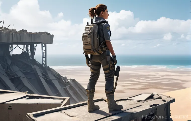 이터널리턴 신규 맵 정보 - "A lone female explorer, fully clothed in durable, futuristic tactical gear suitable for urban explo...