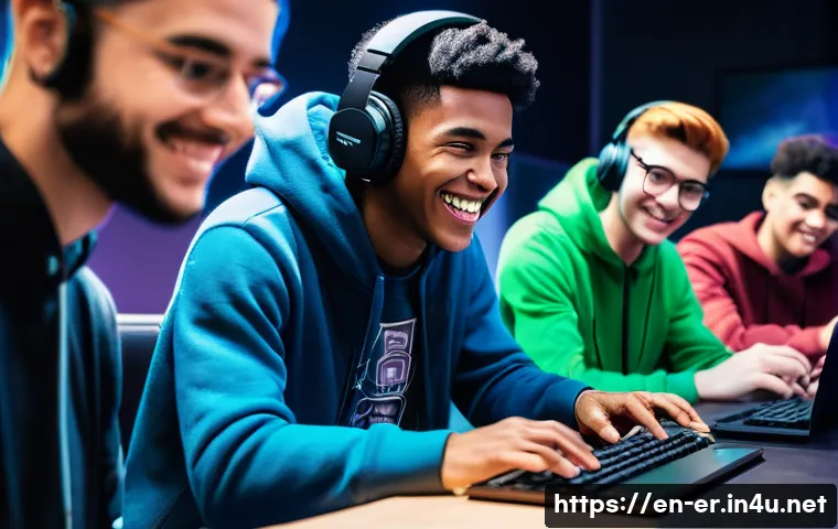 이터널리턴 게임 관련 커뮤니티 탐구 - **Vibrant Online Gaming Community Hub:** A diverse group of young adult and teenage gamers, male and...