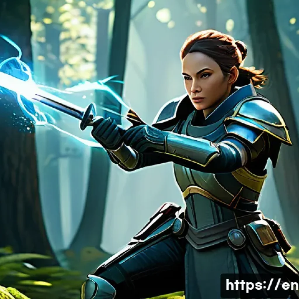 이터널리턴 강의 콘텐츠 제작 - A dynamic battle scene in a futuristic forest setting featuring a skilled female character in light ...