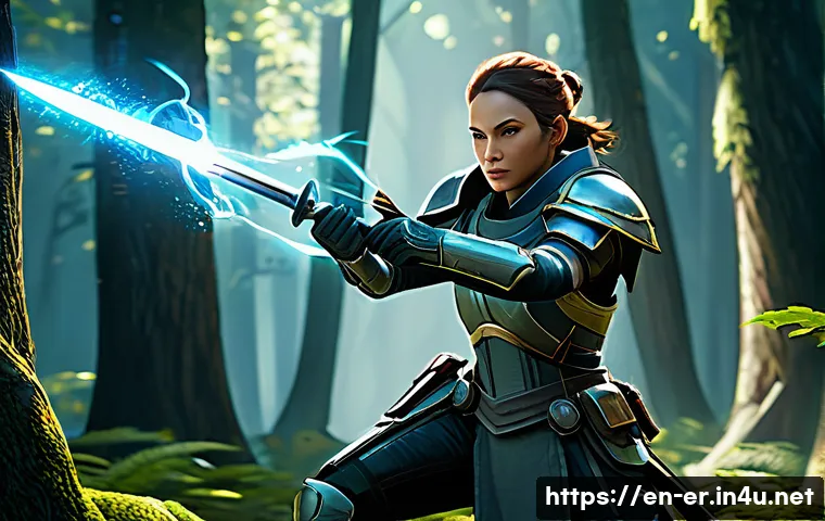 이터널리턴 강의 콘텐츠 제작 - A dynamic battle scene in a futuristic forest setting featuring a skilled female character in light ...