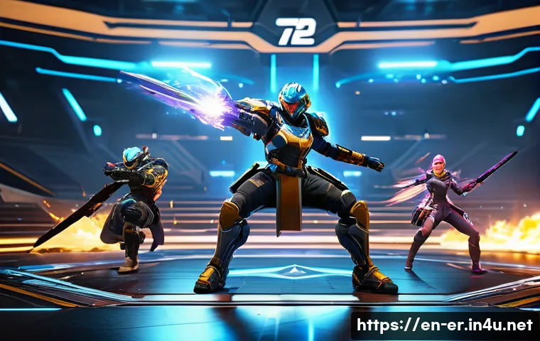 이터널리턴 신규 패치의 주요 내용 - A dynamic battle scene in a futuristic arena featuring a diverse team of characters showcasing revam...