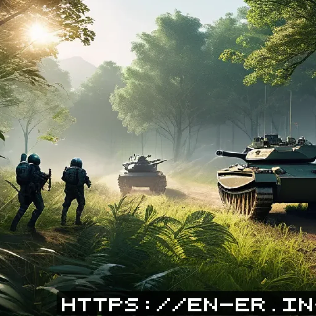 이터널리턴 AI 상대법 - A detailed fantasy battle scene in a lush forest clearing at dawn, featuring a tactical team of armo...