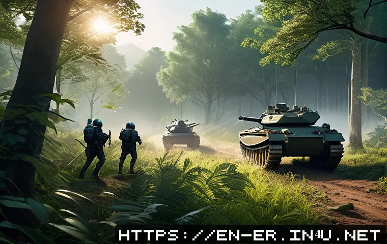 이터널리턴 AI 상대법 - A detailed fantasy battle scene in a lush forest clearing at dawn, featuring a tactical team of armo...