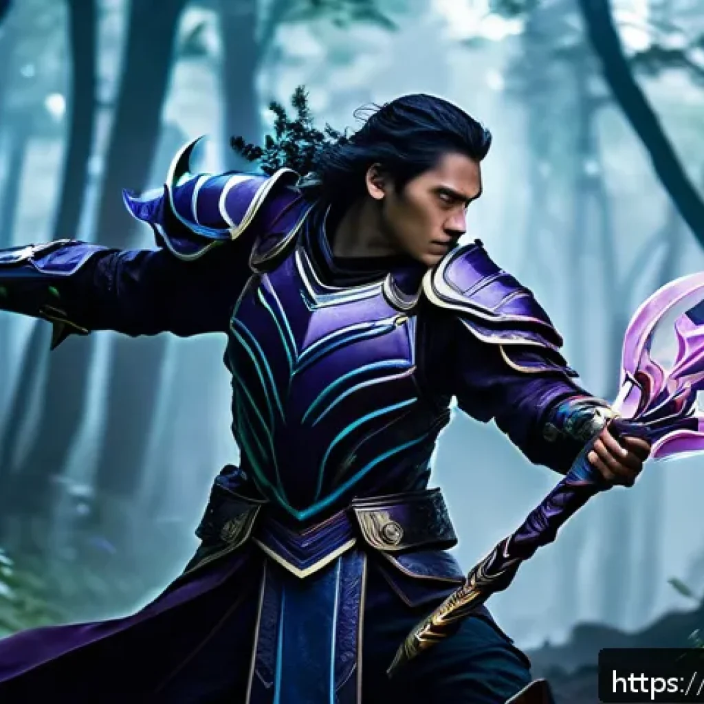 이터널리턴 캐릭터 기술의 비밀 - A dynamic fantasy battle scene featuring Rui, a fierce warrior in ornate dark armor wielding a glowi...