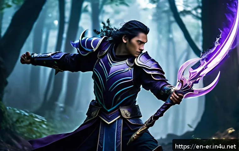 이터널리턴 캐릭터 기술의 비밀 - A dynamic fantasy battle scene featuring Rui, a fierce warrior in ornate dark armor wielding a glowi...