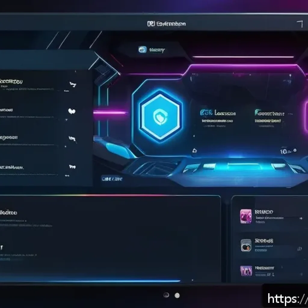 이터널리턴 유저 친화적 업데이트 - A futuristic gaming interface showcasing a sleek, intuitive menu layout with logically grouped butto...