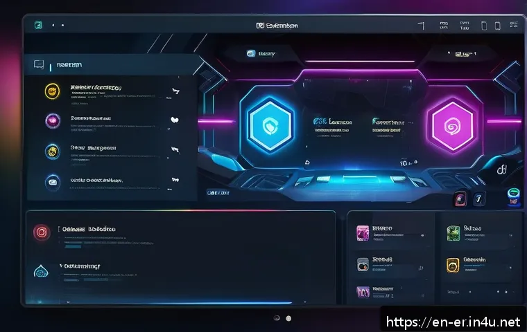 이터널리턴 유저 친화적 업데이트 - A futuristic gaming interface showcasing a sleek, intuitive menu layout with logically grouped butto...
