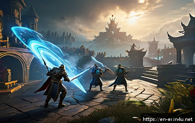 이터널리턴 업데이트 기능 정리 - A dynamic battle scene set on a vibrant multiplayer map featuring a diverse group of fantasy heroes,...