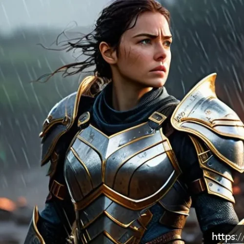 이터널리턴 팬 아트북 발매 - A hyper-realistic digital painting of a heroic female character in detailed armor, standing in a dra...