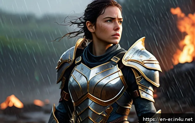이터널리턴 팬 아트북 발매 - A hyper-realistic digital painting of a heroic female character in detailed armor, standing in a dra...