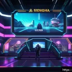 이터널리턴 무료 이벤트 참여법 - A dynamic and vibrant game lobby scene from a futuristic battle arena game, showcasing colorful bann...