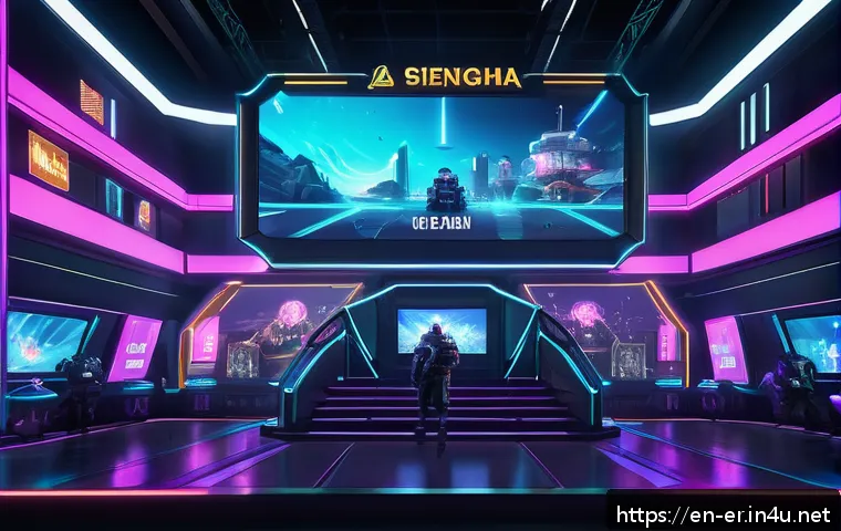 이터널리턴 무료 이벤트 참여법 - A dynamic and vibrant game lobby scene from a futuristic battle arena game, showcasing colorful bann...