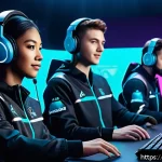 이터널리턴 팬 커뮤니티 이벤트 - A dynamic gaming event scene featuring a diverse team of four players in stylish, futuristic esports...