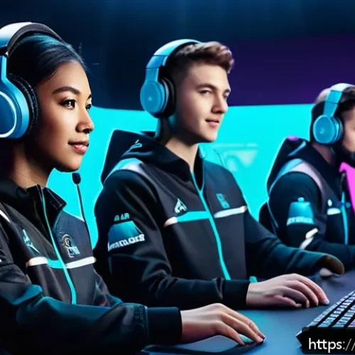이터널리턴 팬 커뮤니티 이벤트 - A dynamic gaming event scene featuring a diverse team of four players in stylish, futuristic esports...