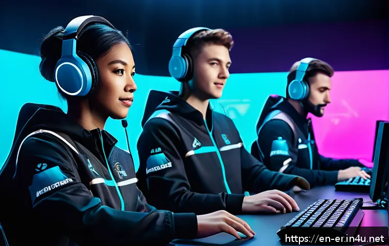 이터널리턴 팬 커뮤니티 이벤트 - A dynamic gaming event scene featuring a diverse team of four players in stylish, futuristic esports...