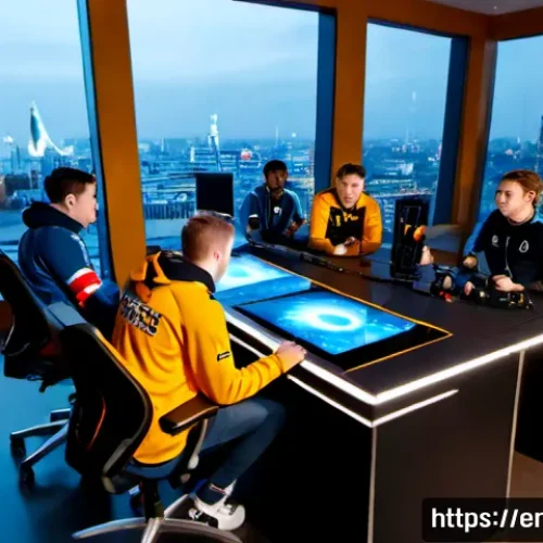 이터널리턴 글로벌 확장 계획 - Photorealistic cinematic scene of a diverse international esports team gathered around a sleek gamin...