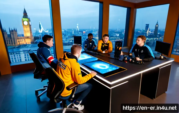 이터널리턴 글로벌 확장 계획 - Photorealistic cinematic scene of a diverse international esports team gathered around a sleek gamin...