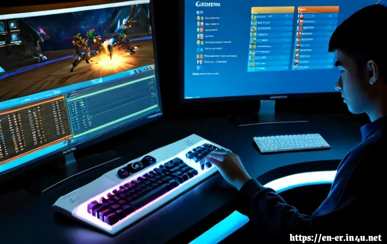 이터널리턴 데일리 퀘스트 수행법 - Photorealistic evening gaming desk scene, focused young adult player using a keyboard and mouse whil...