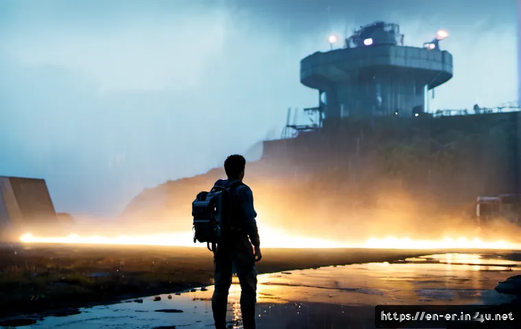 이터널리턴 신규 스토리라인 공개 - Photorealistic cinematic scene of a lone futuristic survivor standing on a rain-soaked abandoned isl...