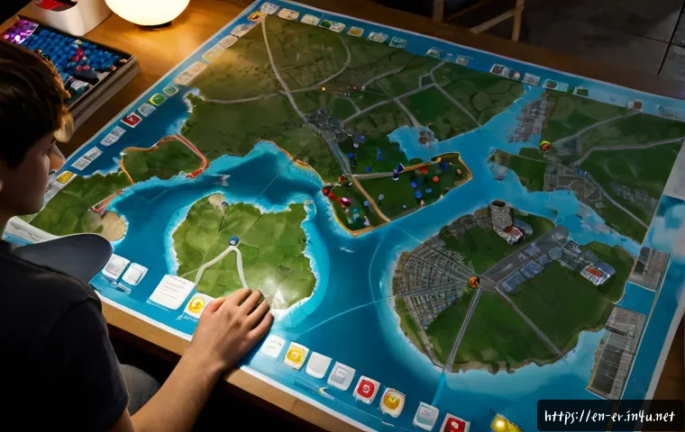이터널리턴 생존율 높은 루트 - Photorealistic overhead view of a focused young gamer planning a safe survival route on a large tabl...
